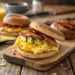 ultra zoom close up of a breakfast sandwich stack