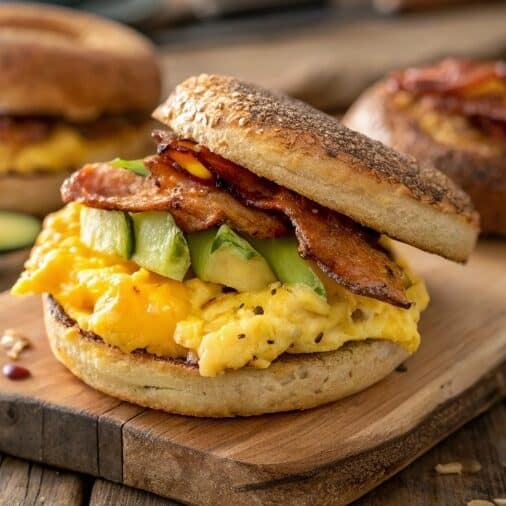 ultra zoom close up of a breakfast sandwich stack edited