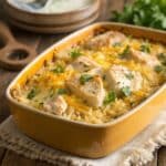 Cheesy Chicken and Rice Gluten Free Recipe 5 ultra zoom close up of a golden cheesy chicken and