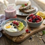 ultra zoom close up of a rustic wooden breakfast t