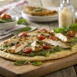 ultra zoom close up of pesto chicken flatbread on 1 1