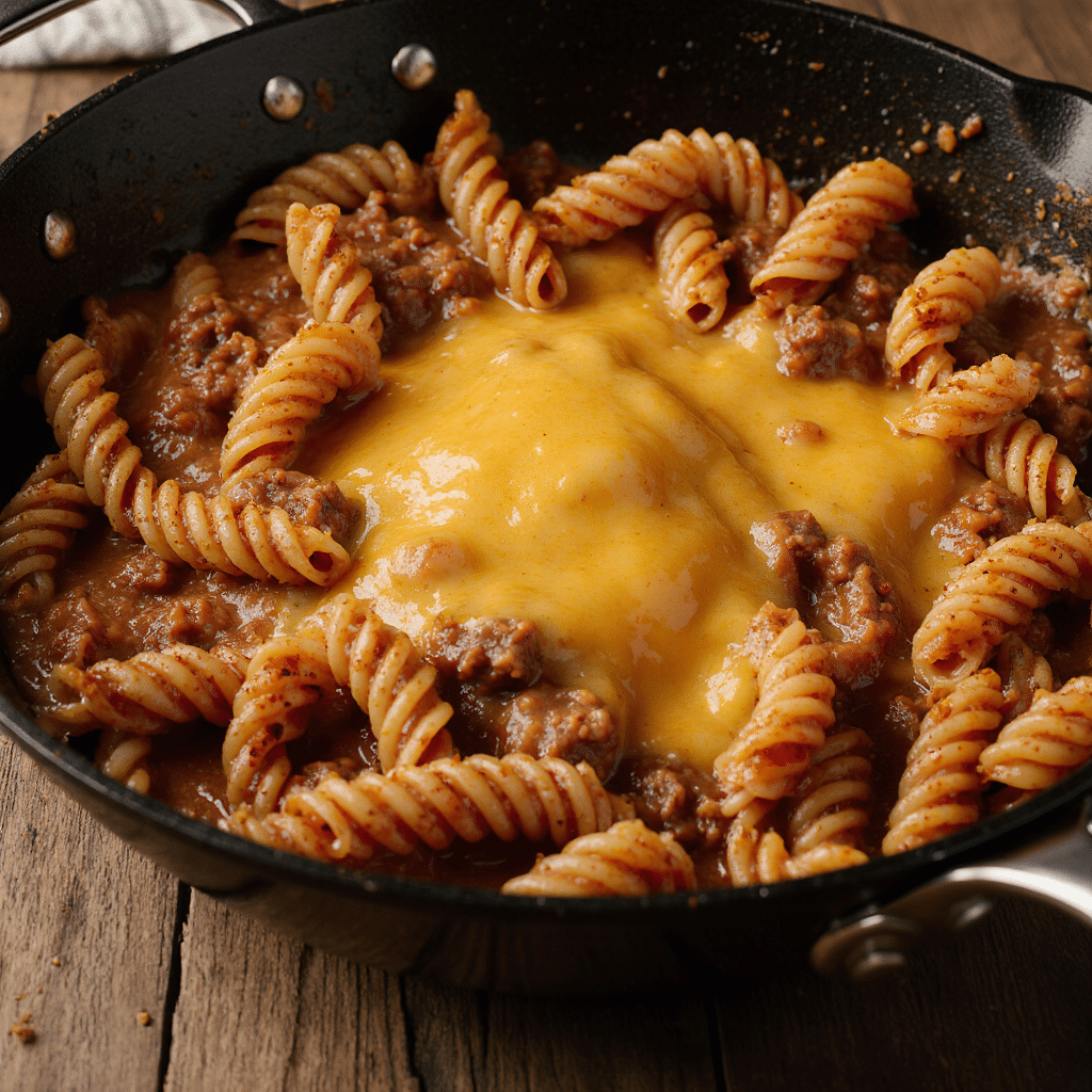 ultra zoom close up of cheesy taco pasta in a rustic black skillet melted cheddar cheese bubbling g 1l4484gt6uuq6mpell90 3