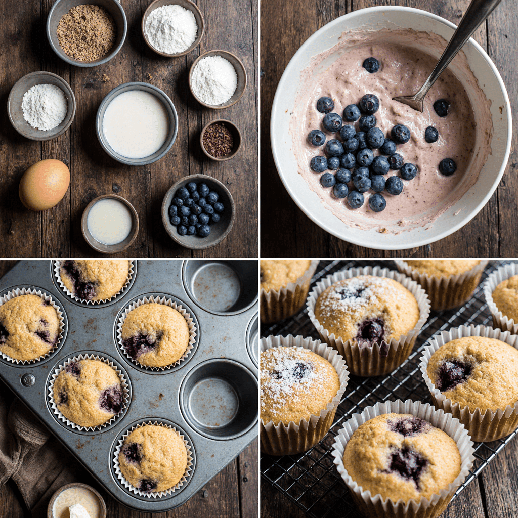 ultra zoom collage of 4 panels showing the process of making perfect classic blueberry muffins rust 6mqcill0deqmqtqv0oky 3