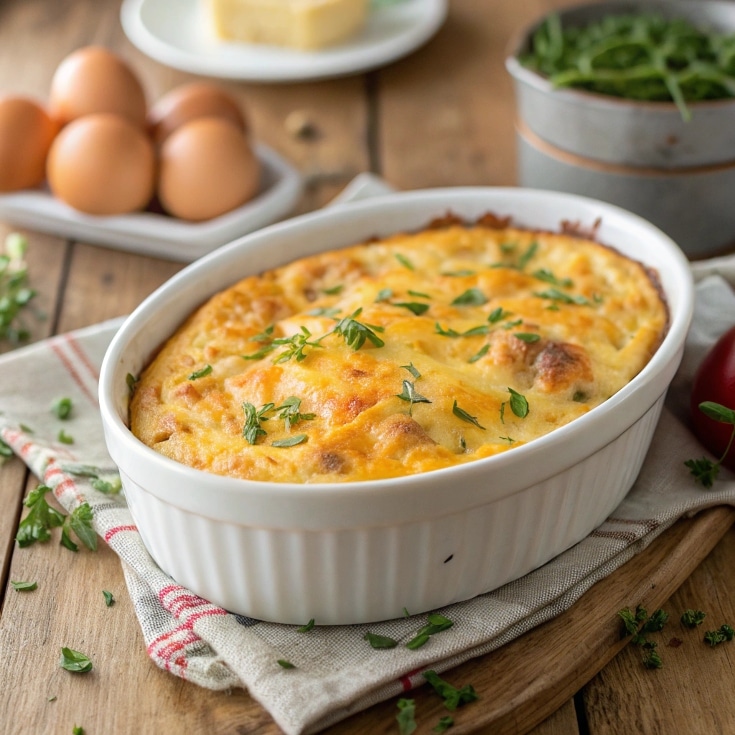 close up of a golden fluffy egg bake casserole ba