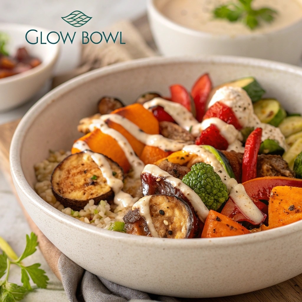 Glow Bowl Recipe: Roasted Veggie, Tahini Yogurt Sauce 7 looking for a colorful nutritious meal that warms