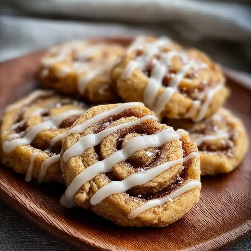 Freshly baked Cinnamon Roll Cookies with icing on a plate.