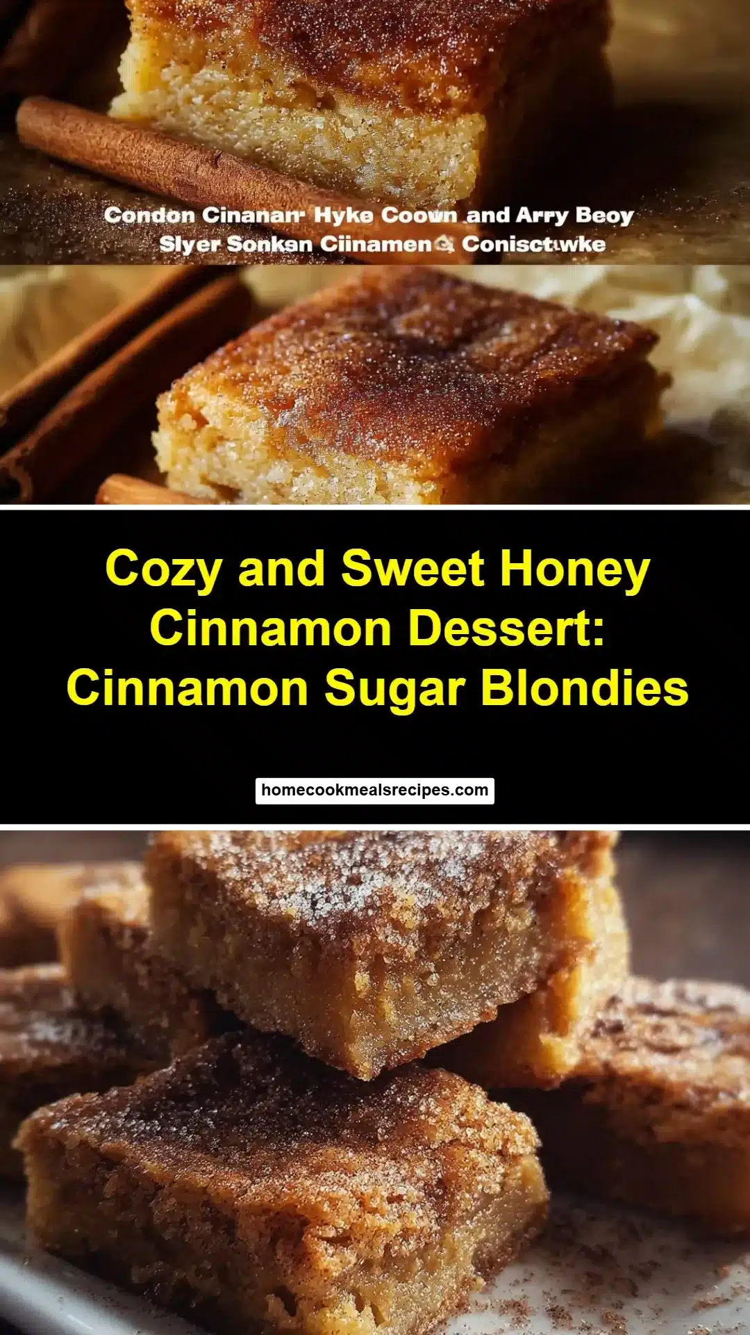 Delicious cinnamon sugar blondies topped with honey and cinnamon.