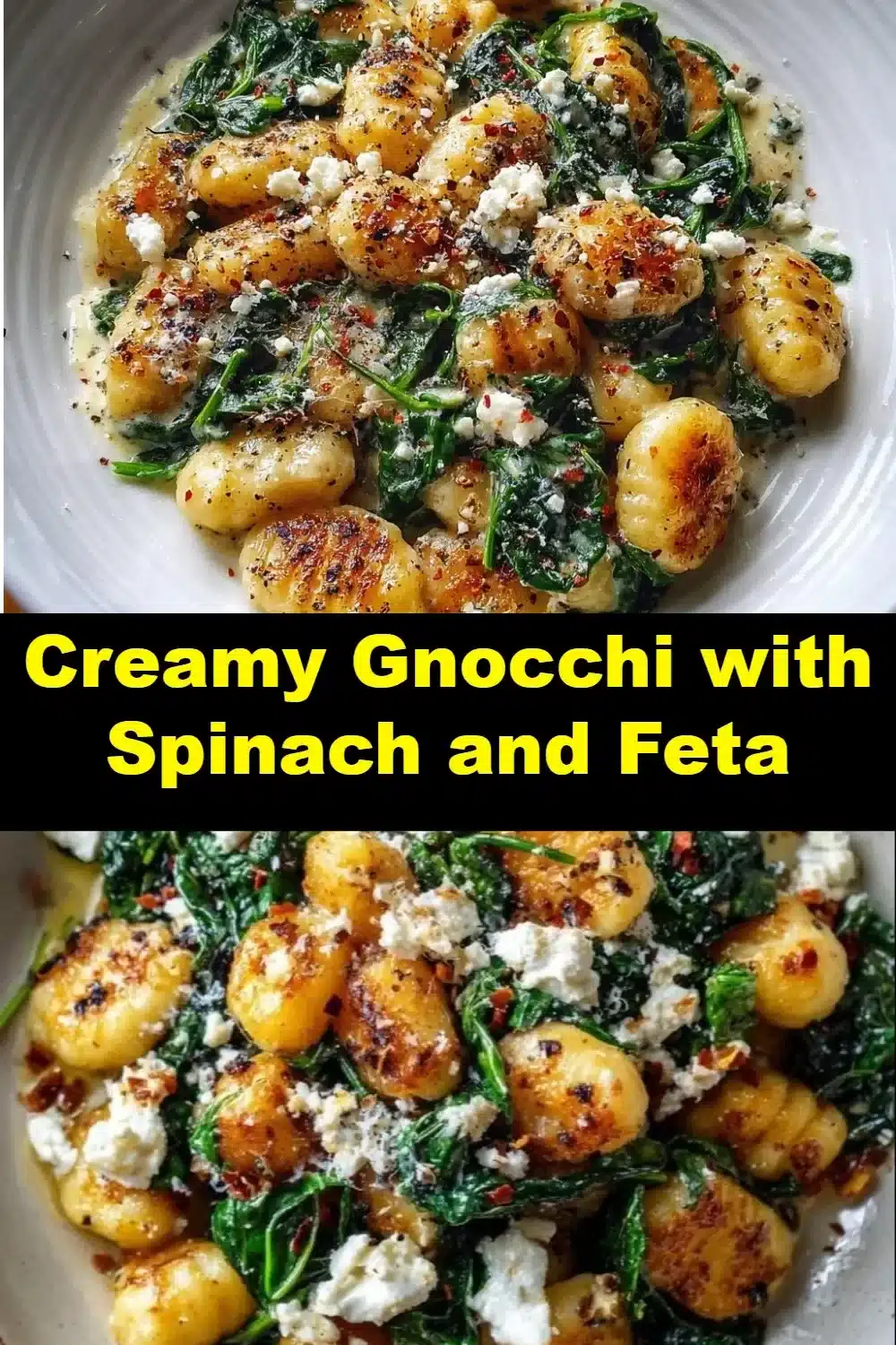 Creamy gnocchi with spinach and feta served on a plate
