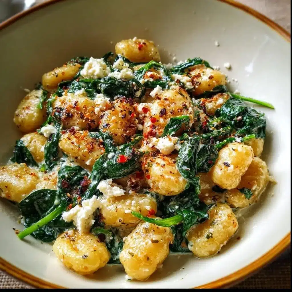 Creamy gnocchi dish with spinach and feta cheese served in a bowl