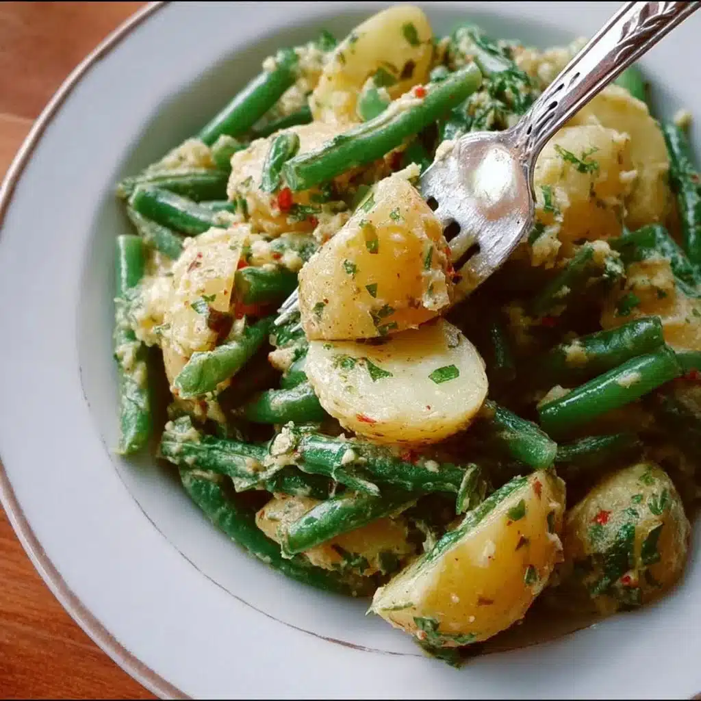 Creamy green bean potato salad in a bowl, garnished with herbs.