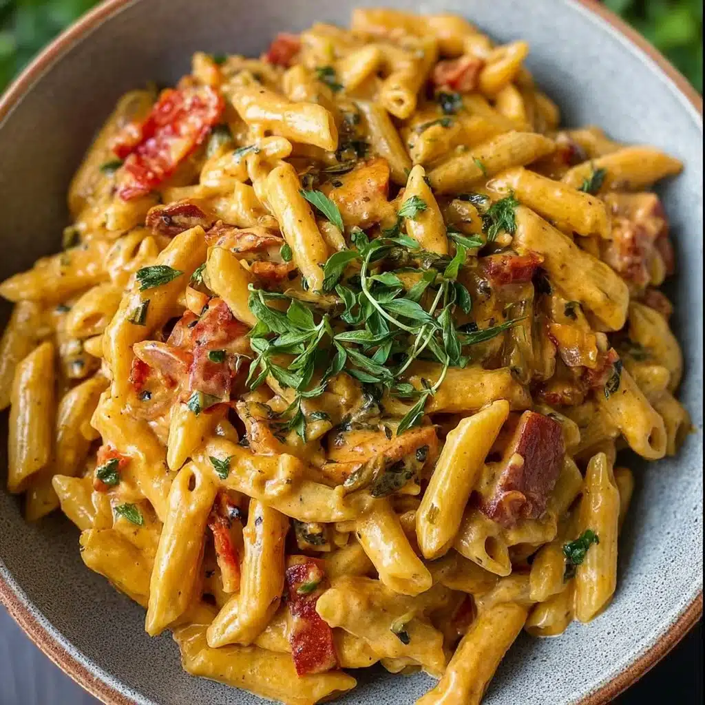 Delicious bowl of creamy vegan Cajun pasta with spices and vibrant colors.