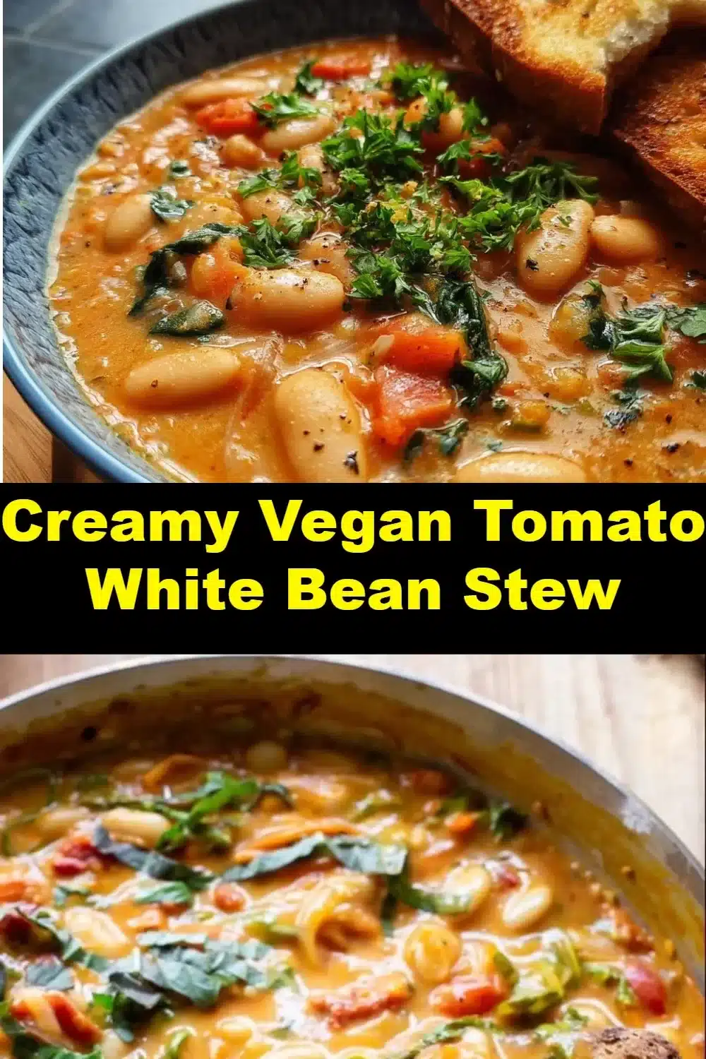 Creamy vegan tomato white bean stew in a bowl