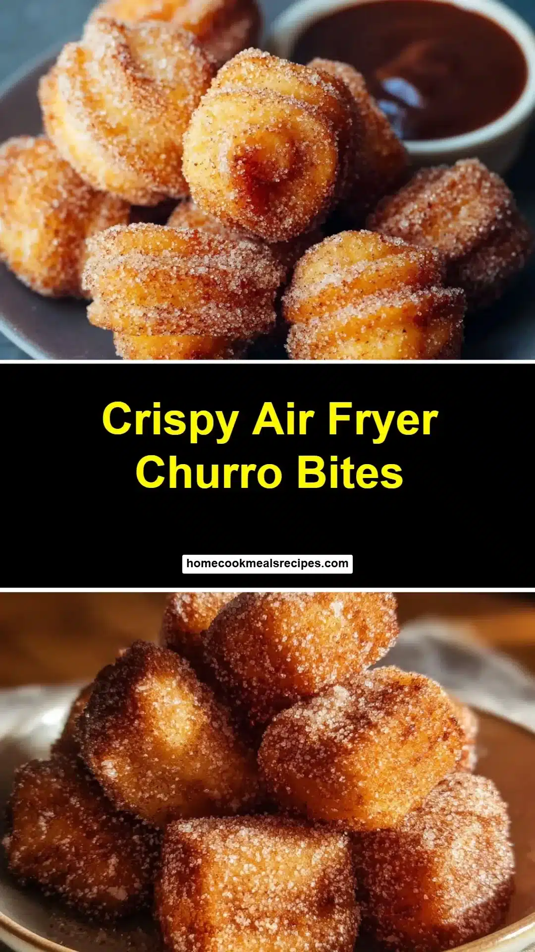 Delicious crispy air fryer churro bites served with chocolate sauce