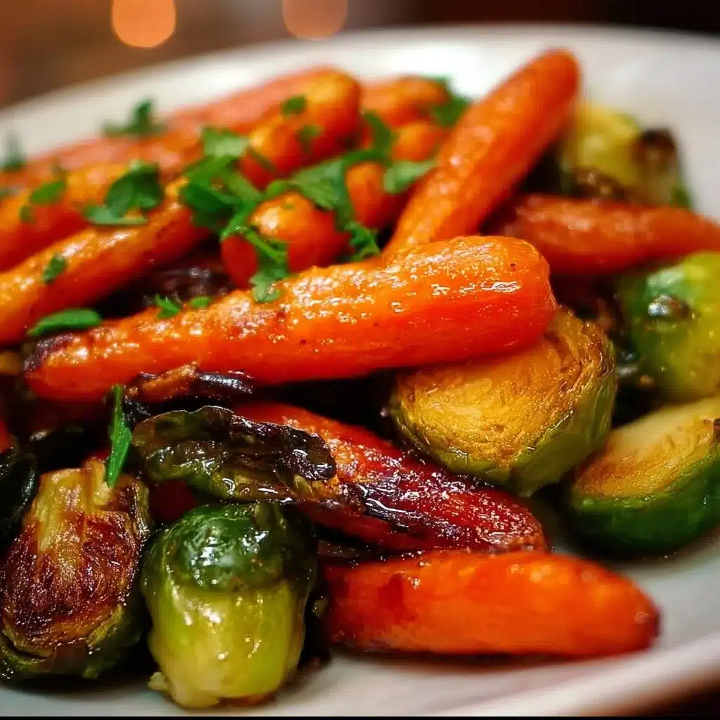 Crispy maple glazed carrots and Brussels sprouts on a white plate