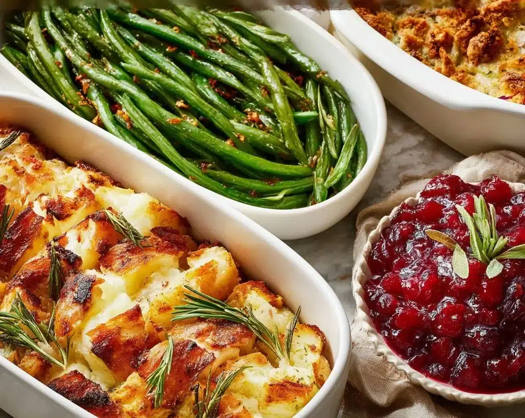 Plate of easy Thanksgiving side dishes including green beans and mashed potatoes