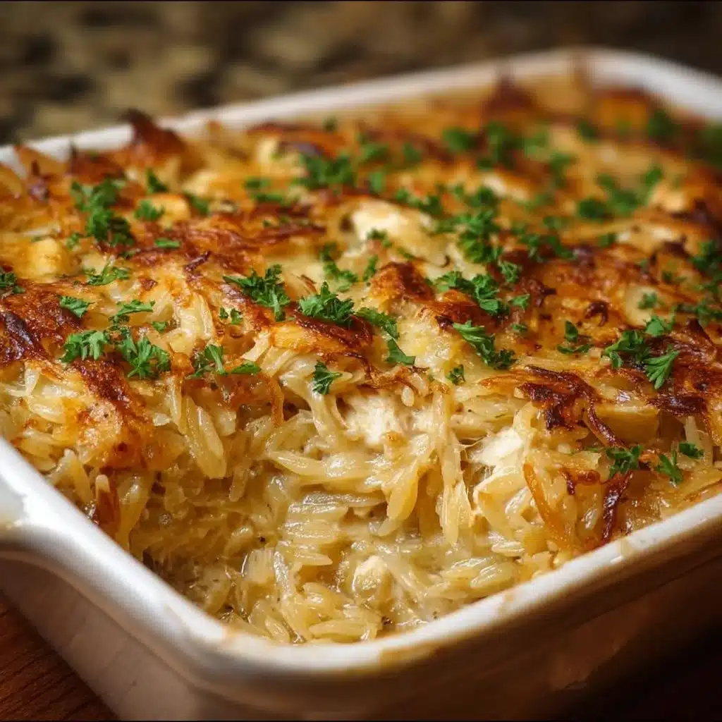 French Onion Chicken Orzo Casserole topped with melted cheese and herbs
