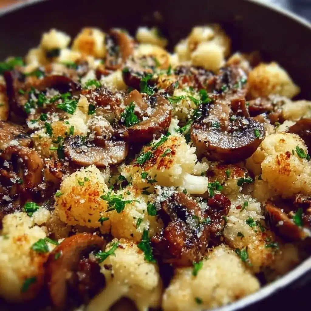 Delicious Garlic Cauliflower Mushroom Skillet ready to serve