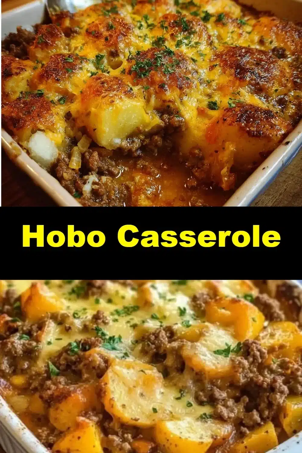 Delicious hobo casserole with meat and vegetables in a baking dish.
