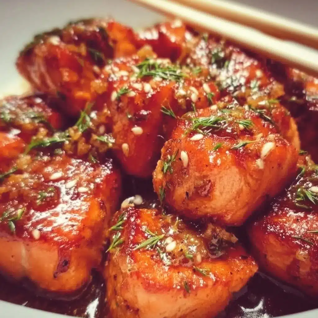 Delicious Honey Garlic Salmon Bites served on a platter