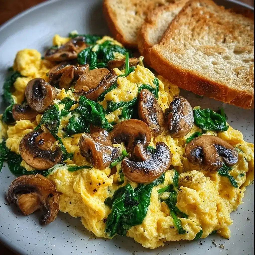 Plate of Mushroom Spinach Scrambled Eggs cooked with fresh ingredients