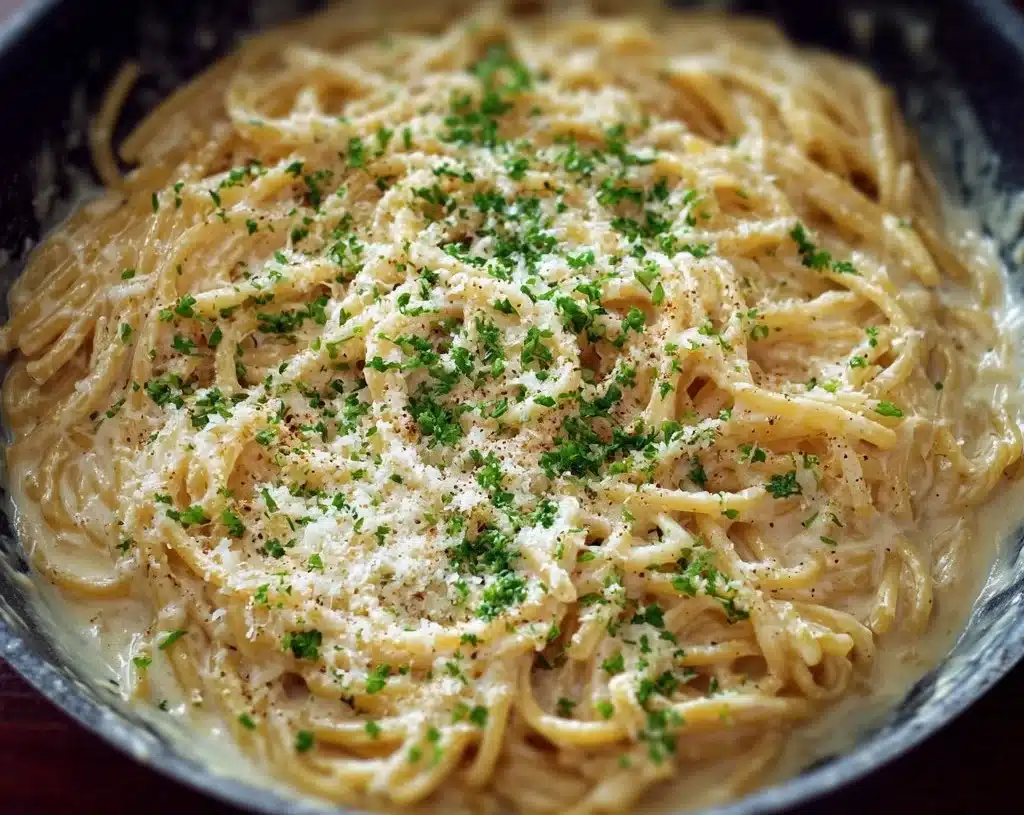 One Pot Creamy Garlic Pasta topped with parsley and grated cheese