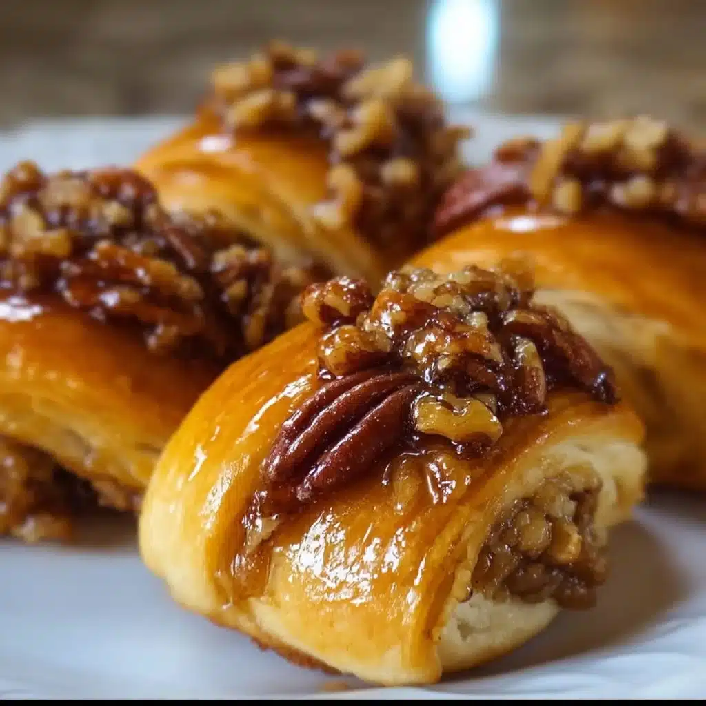Pecan Pie Crescent Rolls topped with caramel and pecans on a plate