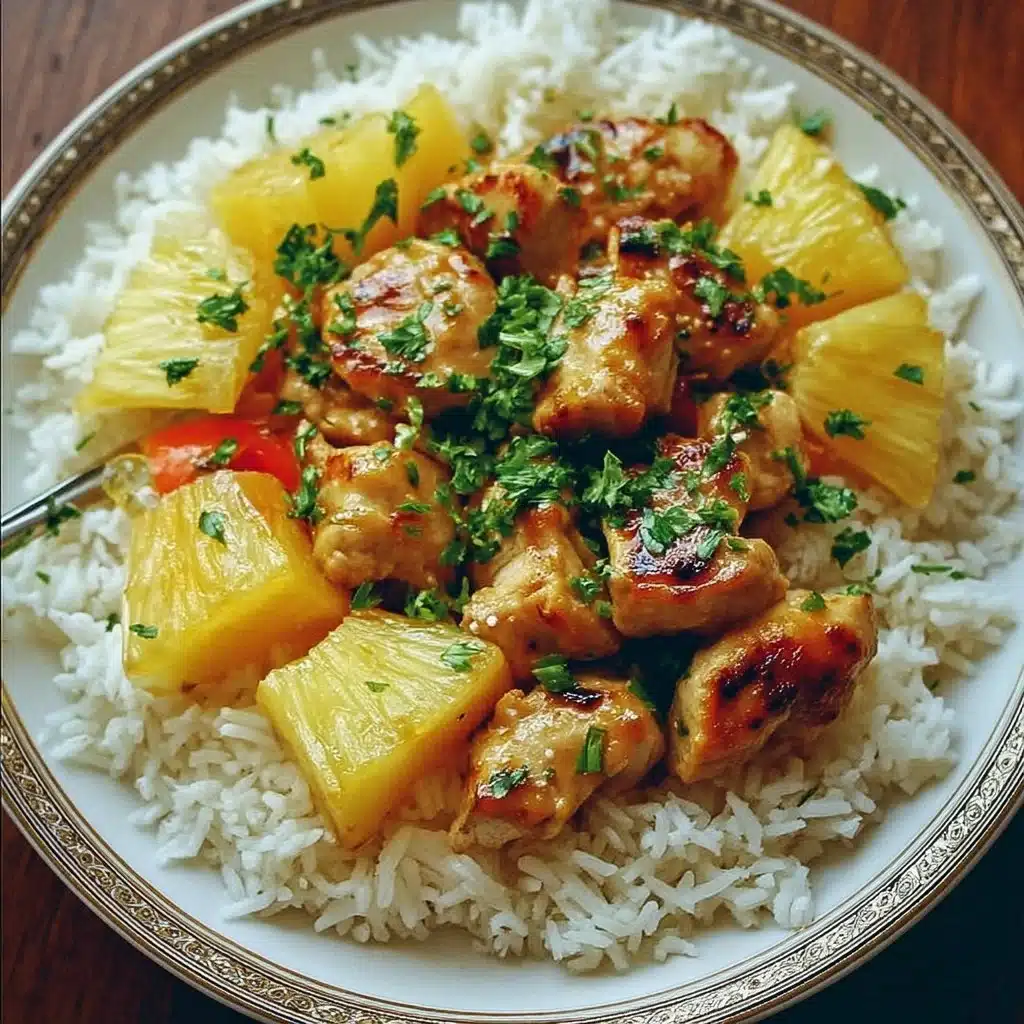 Plate of Pineapple Chicken served with rice and garnished with fresh herbs