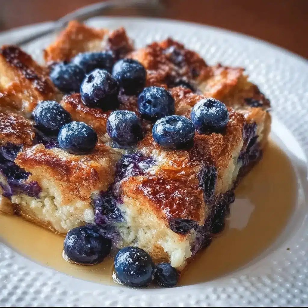 Blueberry French Toast Casserole baked and served with fresh blueberries
