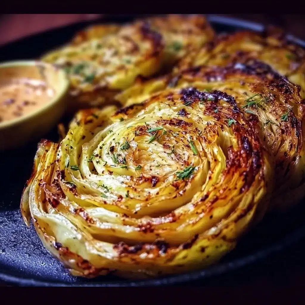 Roasted Cabbage Steaks 6 Plate of roasted cabbage steaks garnished with herbs and spices