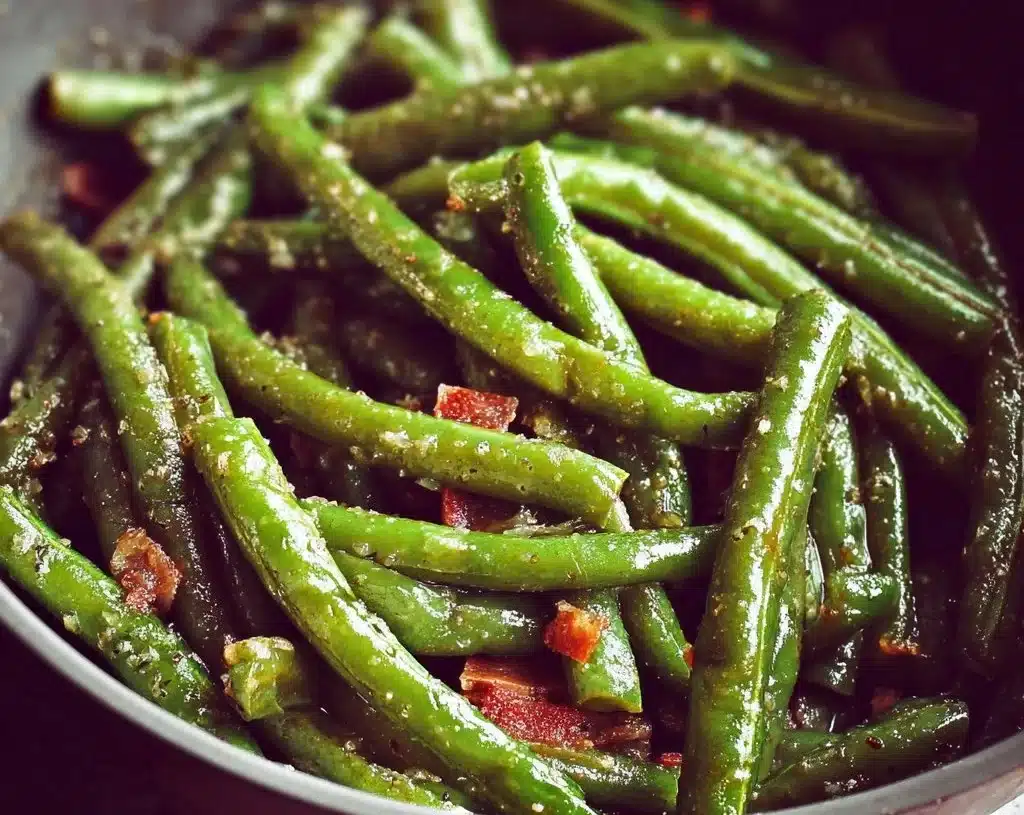 Freshly cooked simple green beans garnished with herbs