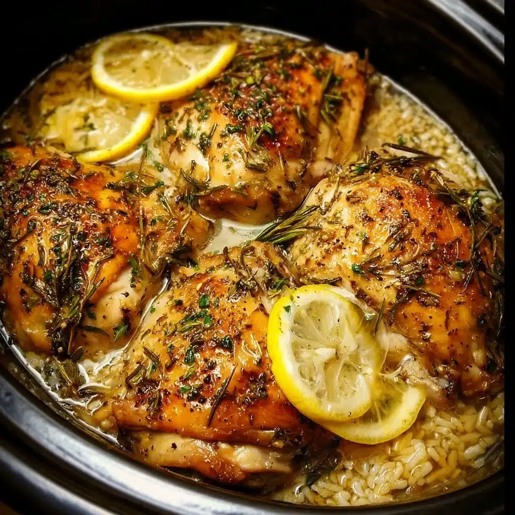 A plate of slow cooker lemon herb chicken garnished with fresh herbs