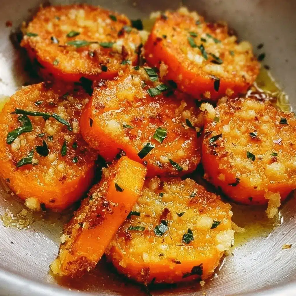 Smashed garlic-parmesan carrots served in a rustic bowl, garnished with herbs.