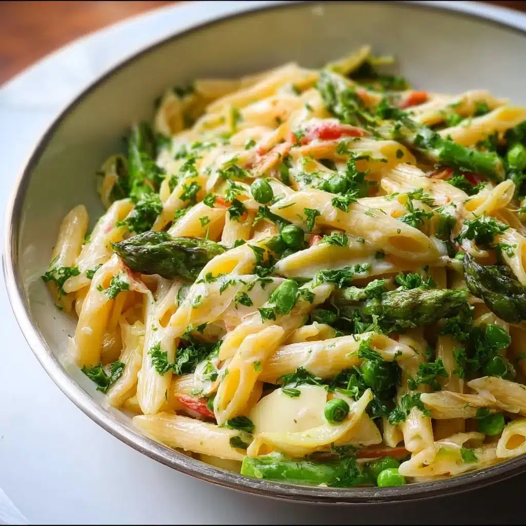 Colorful spring pasta dish with fresh vegetables and herbs
