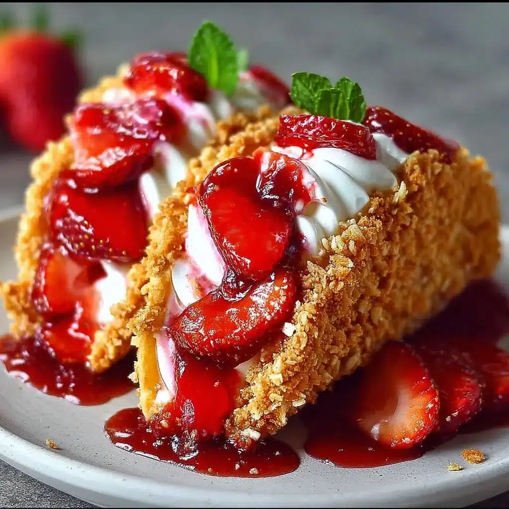 Delicious strawberry crunch cheesecake tacos topped with fresh strawberries
