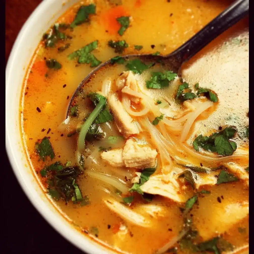 Bowl of Thai inspired chicken soup with herbs and spices.