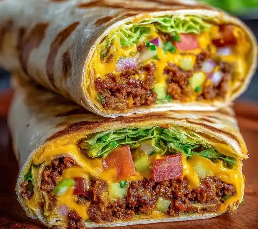 Vegan cheeseburger wraps filled with fresh veggies and plant-based cheese