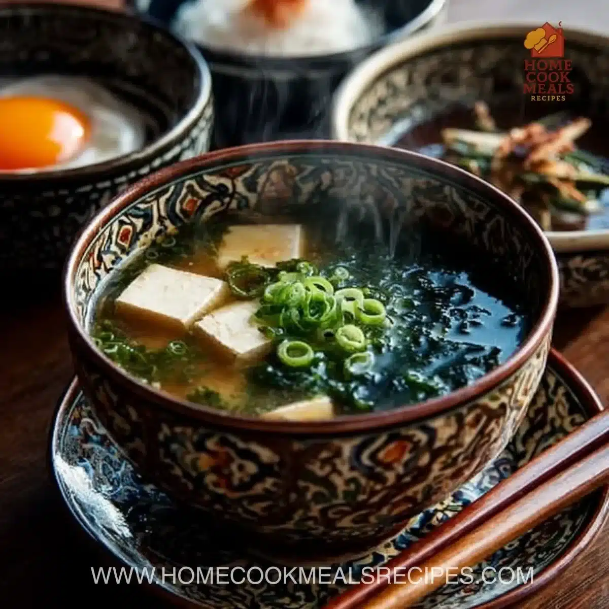 Bowl of delicious Japanese breakfast soup with fresh ingredients