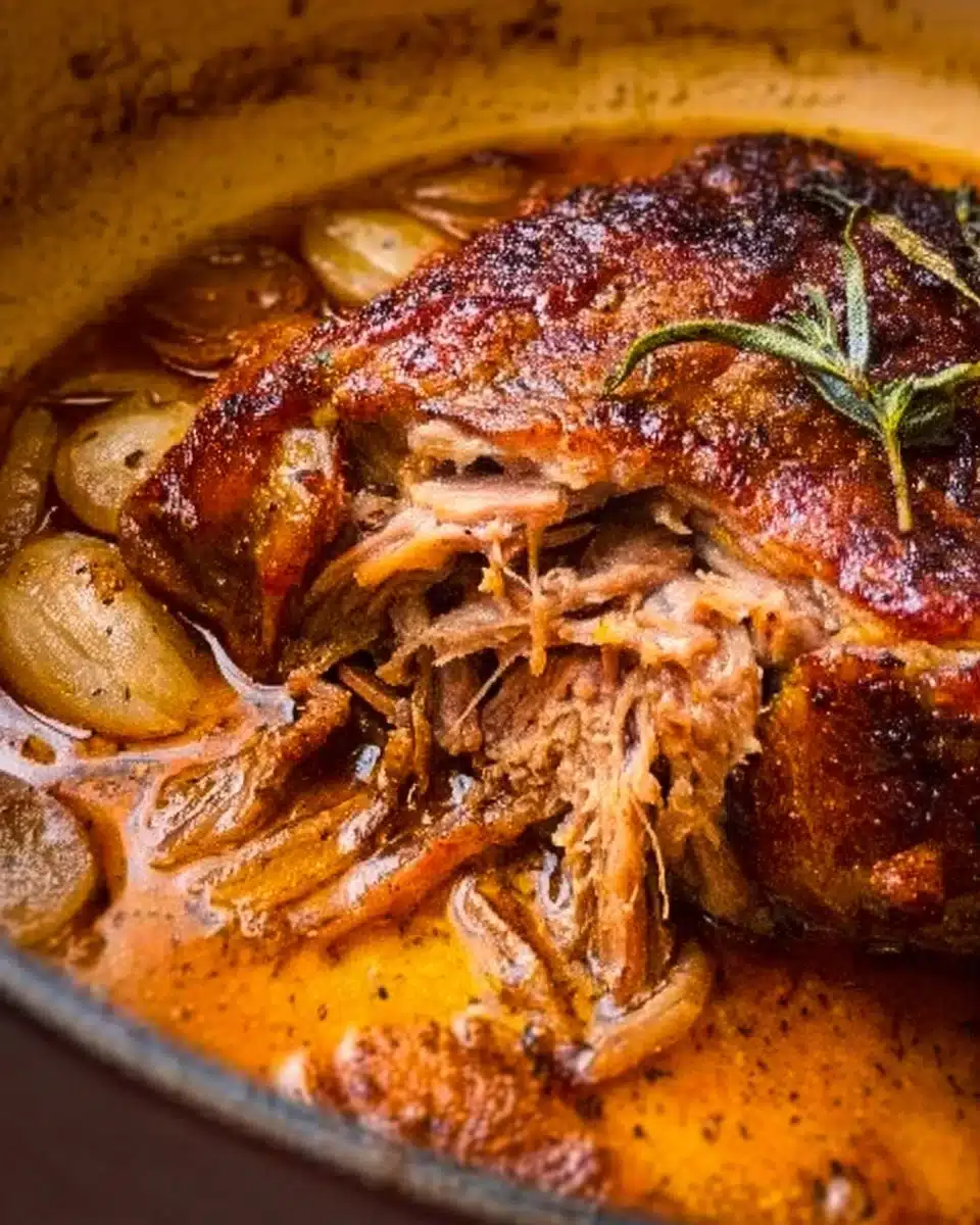 Apple Cider Braised Pork Shoulder dish served with herbs and apples