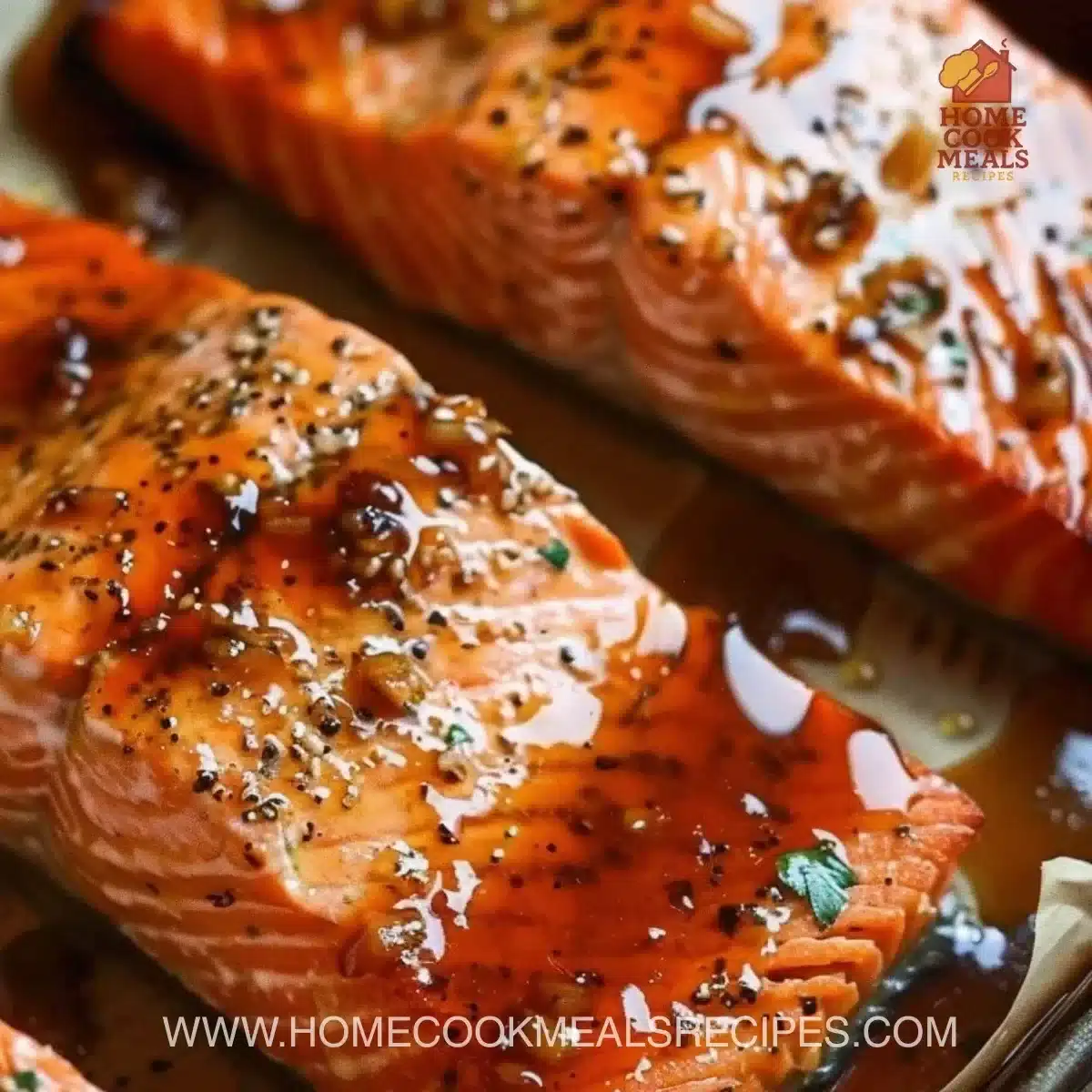 Perfectly baked salmon fillet garnished with herbs and lemon slices.