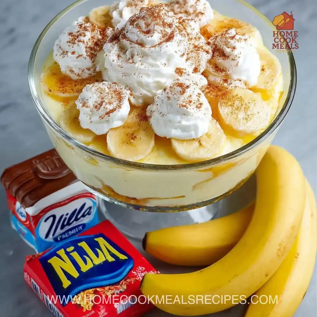 Delicious homemade banana pudding served in a glass dish