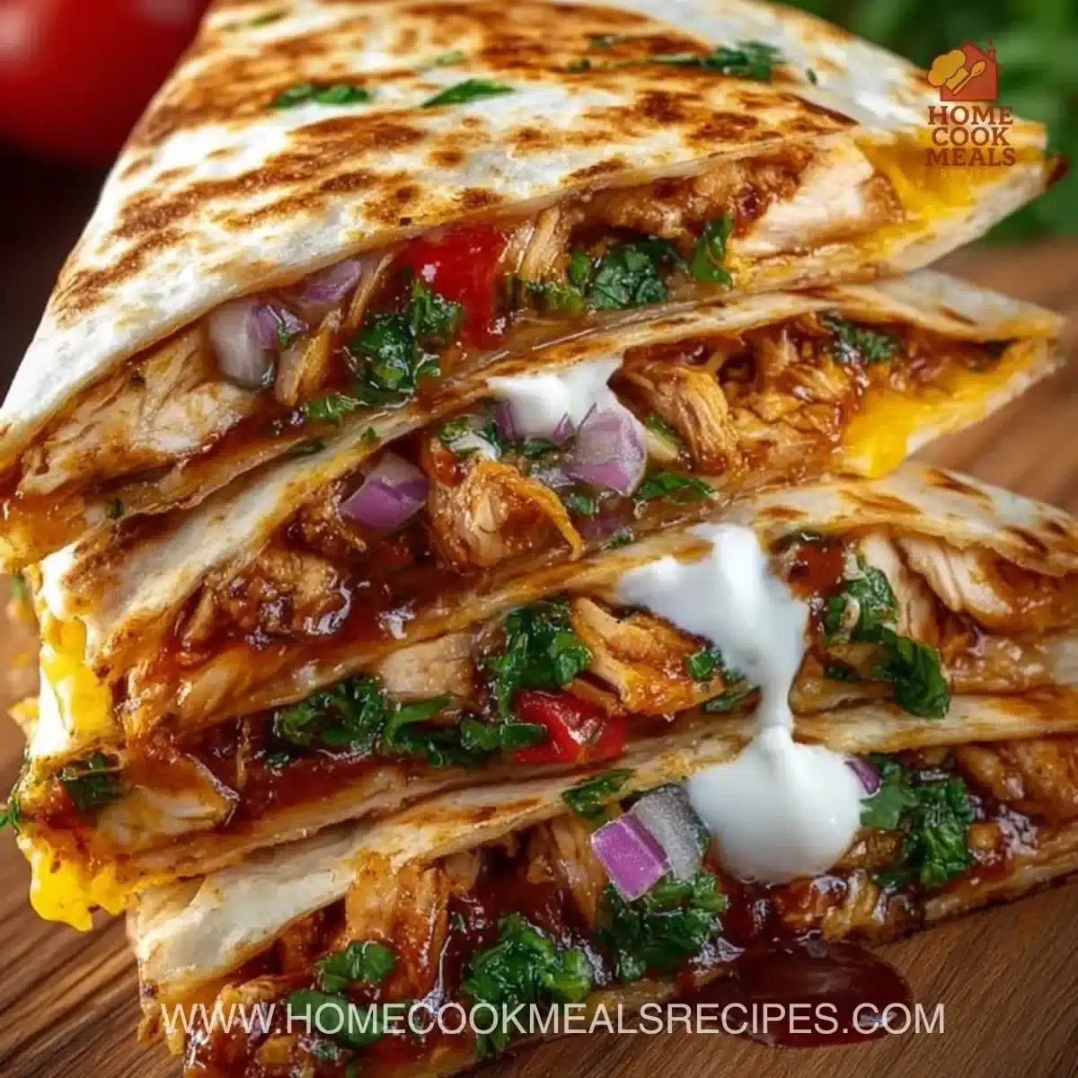 Delicious BBQ Chicken Quesadillas served on a plate with side toppings