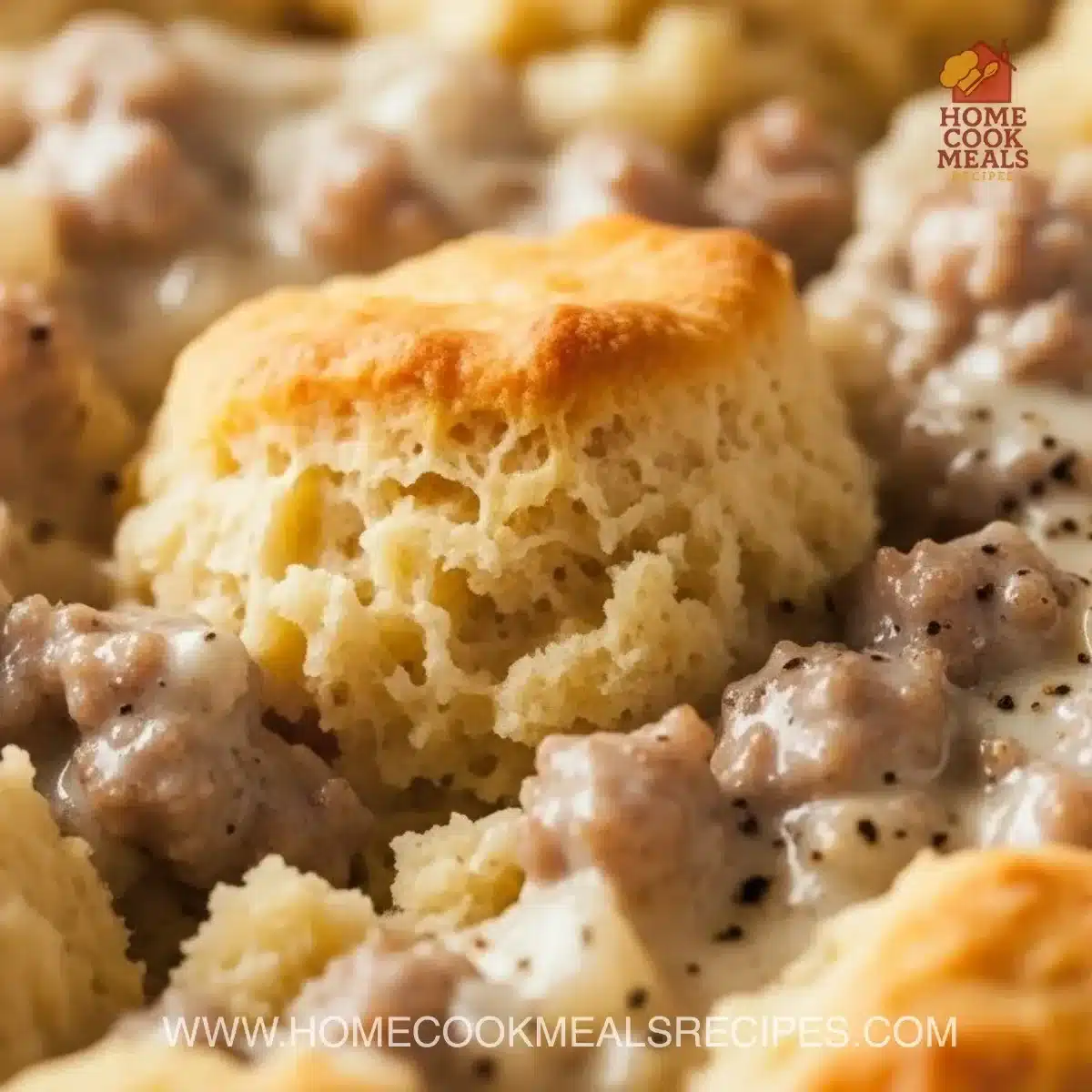 Delicious biscuits and gravy casserole served on a plate.