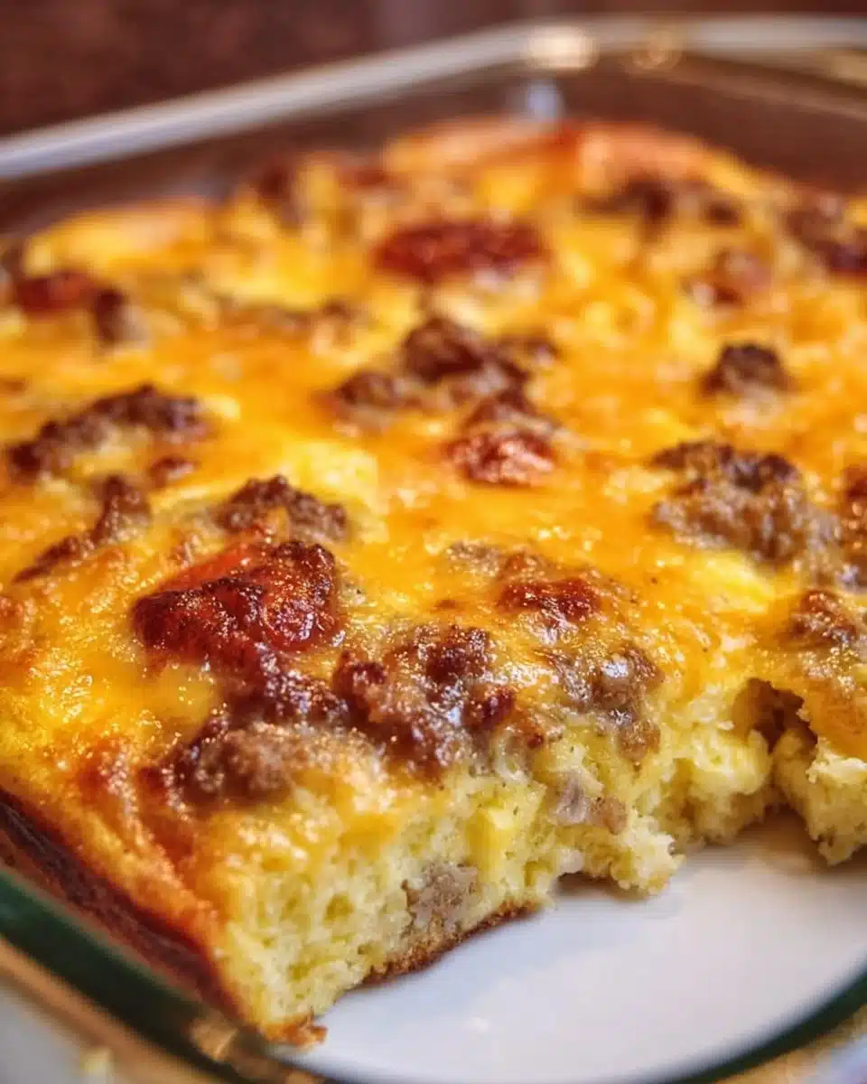 Delicious homemade breakfast casserole with eggs, sausage, and cheese