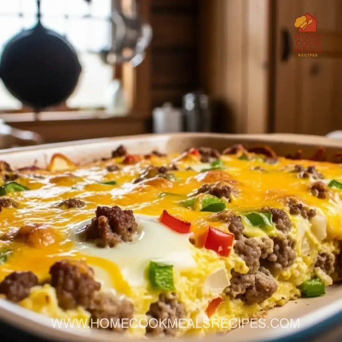 Delicious breakfast casserole with eggs, cheese, and sausage in a baking dish.