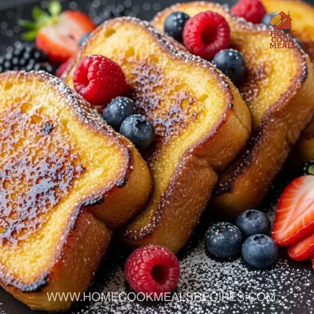Delicious burnt cream French toast topped with crispy caramel and served with syrup.