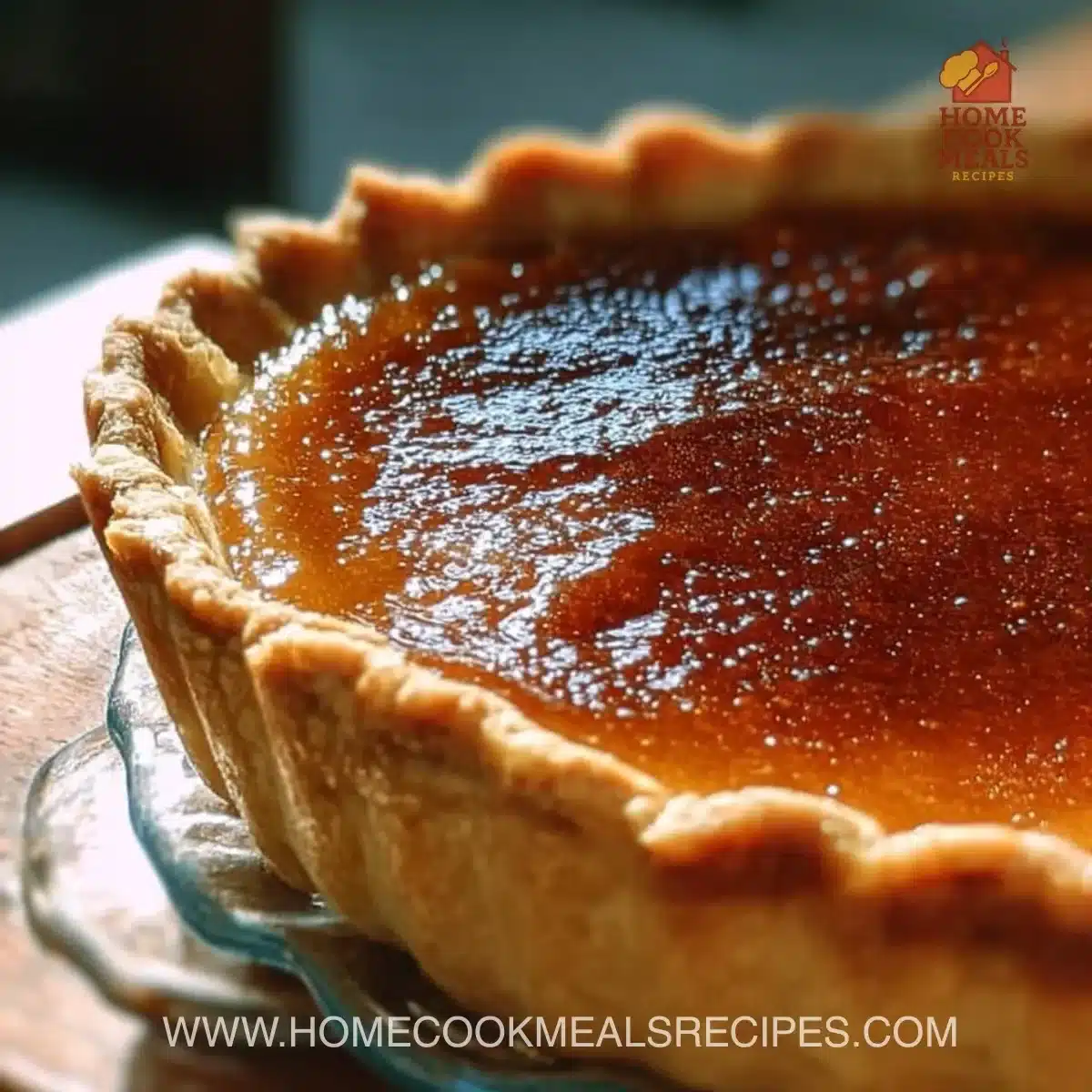 Slice of burnt honey pie garnished with fresh fruit on a rustic table