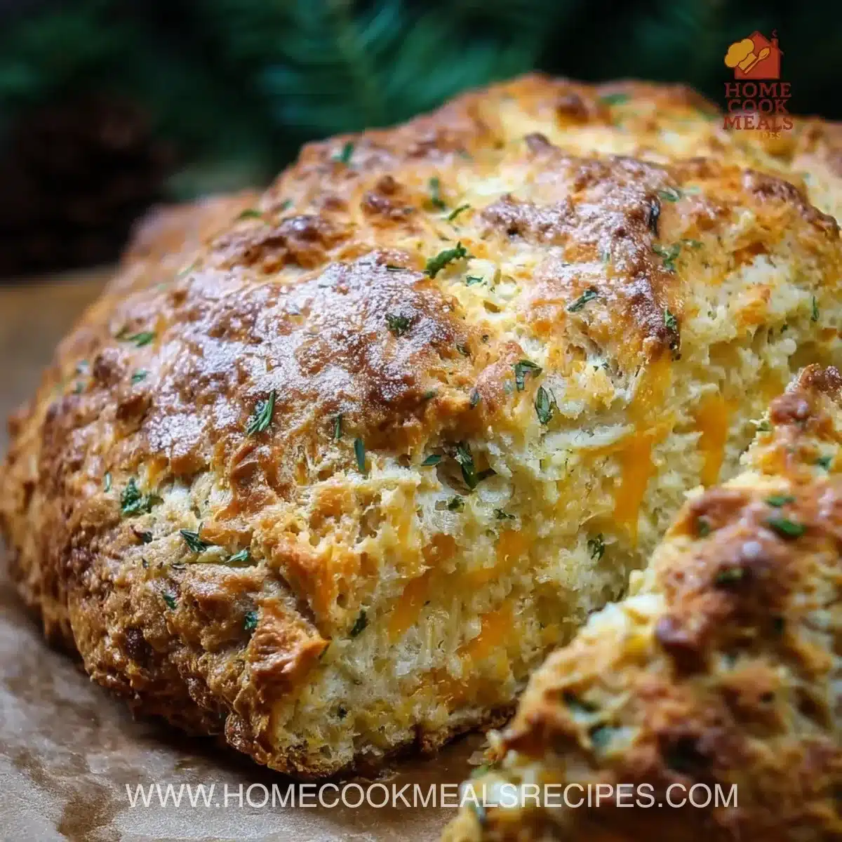 Freshly baked Cheddar Herb Soda Bread with herbs and cheese highlighted