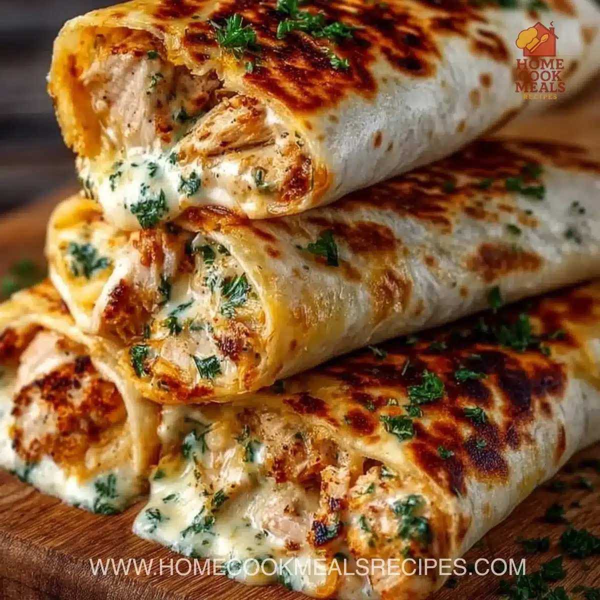 Delicious cheesy garlic chicken wraps ready to be enjoyed, garnished with herbs.