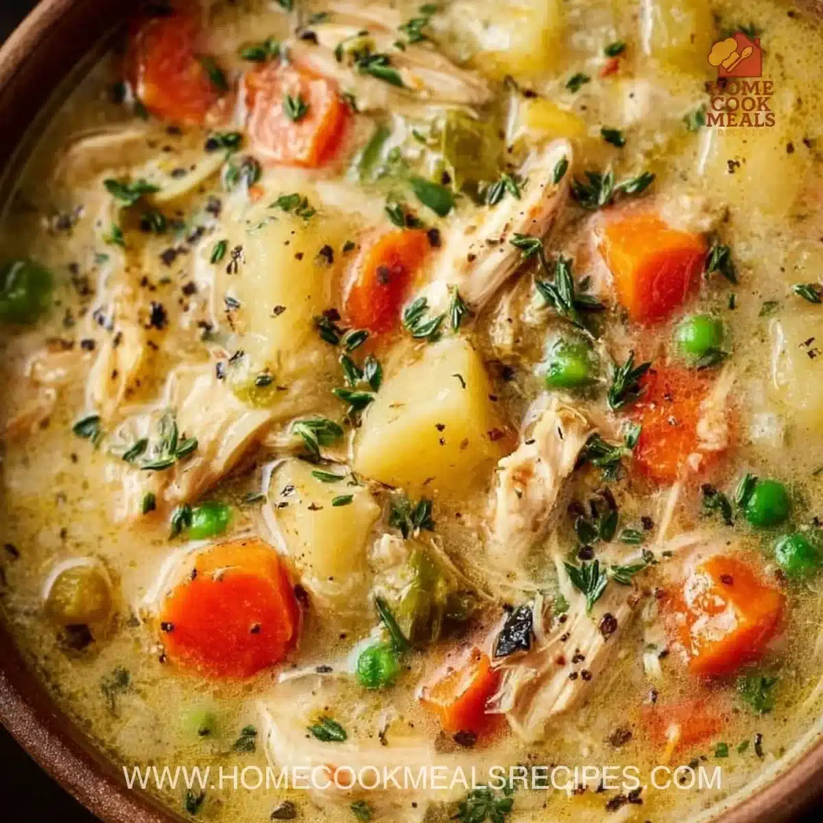 Delicious Chicken Pot Pie Soup in a bowl, garnished with herbs.