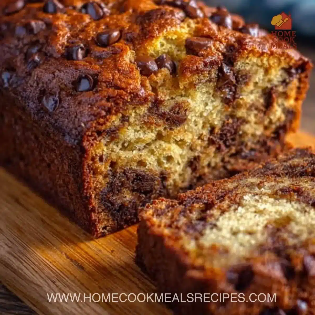 Moist chocolate chip banana bread fresh out of the oven
